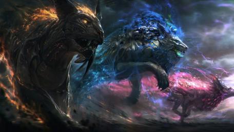 Epic Clash of Fire and Ice Beasts wallpaper