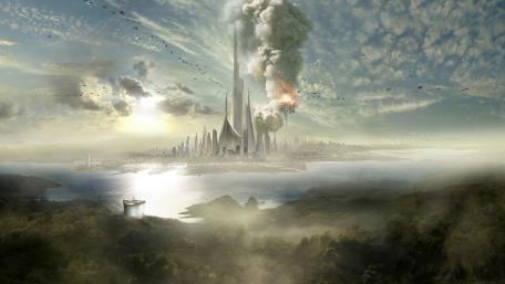 Futuristic Cityscape Amidst Dramatic Skies wallpaper