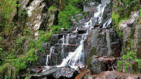 Tranquil Waterfall Cascading Through Lush Greenery wallpaper