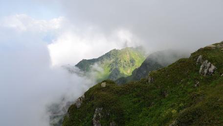 Misty Mountain Landscape with Lush Greenery wallpaper