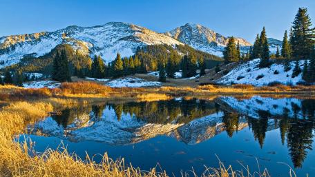 Tranquil Lake and Majestic Mountains Reflection Wallpaper wallpaper