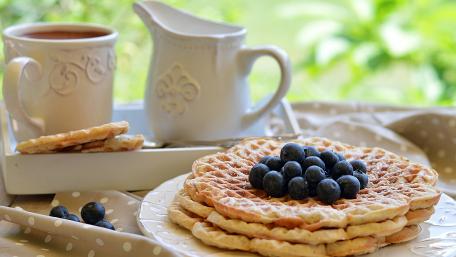 Delicious Pancakes with Fresh Blueberries and Coffee wallpaper