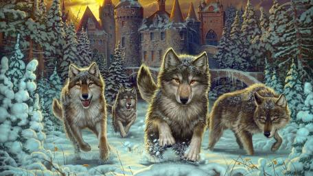 Majestic Wolves of the Winter Castle wallpaper