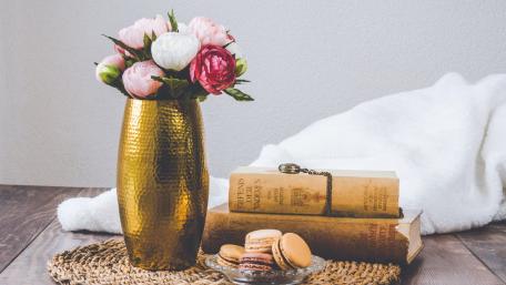 Charming Still Life with Macarons and Flowers wallpaper