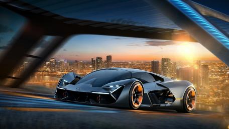 Sleek Lamborghini in Sunset Cityscape wallpaper