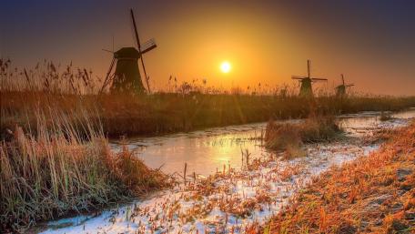 Serene Sunset Over Windmills in Nature wallpaper