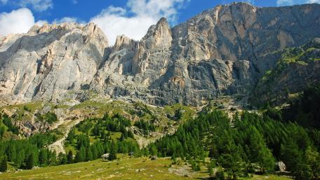 Majestic Mountain Landscape with Lush Greenery and Clear Skies wallpaper