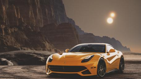Stunning Yellow Sports Car in a Desert Landscape on Mars wallpaper