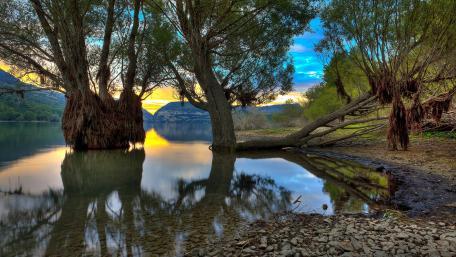 Serene Waters at Sunset in Nature's Embrace wallpaper