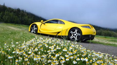 Elegant Yellow Sports Car Surrounded by Nature's Beauty wallpaper