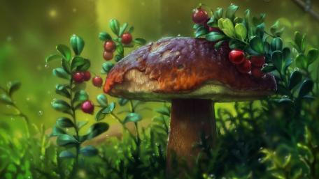 Enchanted Forest Mushroom Scene wallpaper