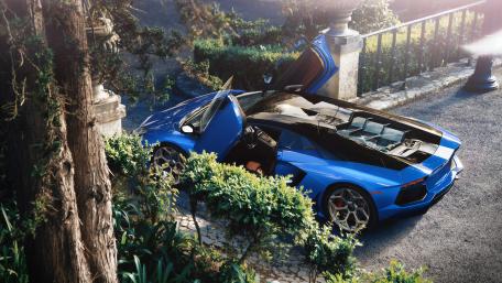 Stunning Blue Sports Car in Lush Setting wallpaper