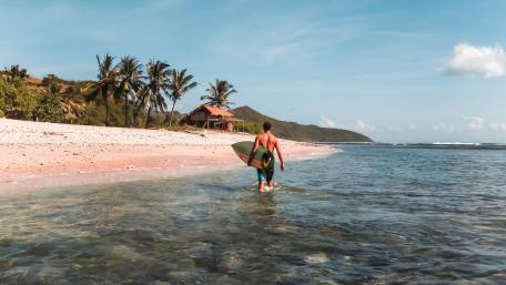 Serene Beach Serenity with Surfboard Walking Through Water wallpaper