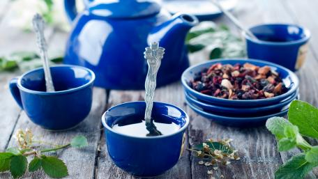 Charming Blue Tea Set with Herbs and Spices wallpaper