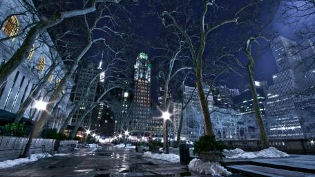 Cityscape at Night with Winter Charm wallpaper