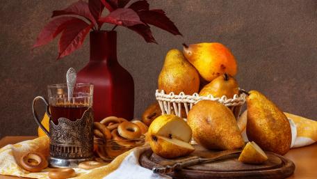 Delightful Still Life of Pears and Treats wallpaper