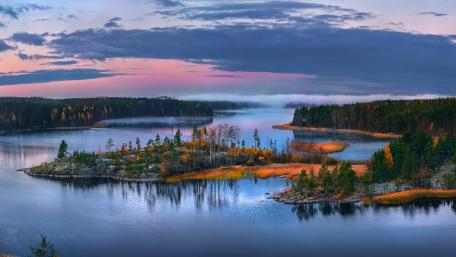 Serene Lakeside Morning Misty Escape wallpaper