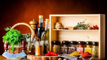 Spices and Herbs Delightful Arrangement in Kitchen wallpaper