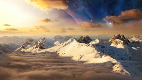 Majestic Mountain Landscapes Under a Cosmic Sky wallpaper