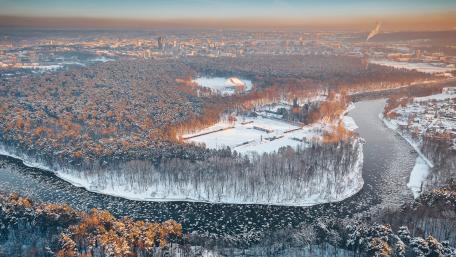 Winter Serenity Over Lush Greenery and Urban Landscape wallpaper
