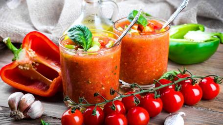 Fresh and Flavorful Gazpacho Delightful Display of Healthy Summer Soup Ingredients wallpaper