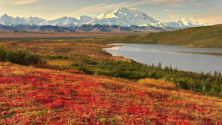 Stunning Autumn Landscape with Majestic Mountains and Serene Lake wallpaper