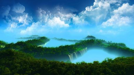 Majestic Serene Waterfall in Lush Landscape wallpaper