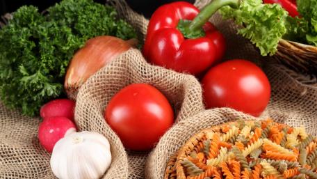 Fresh Produce and Pasta Arrangement for Kitchen Decor wallpaper