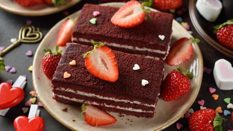 Delicious Red Velvet Cake with Strawberries and Hearts Treats wallpaper