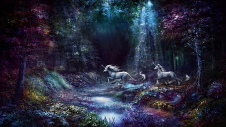 Mystical Unicorns in Enchanted Woods wallpaper