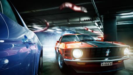 Dynamic Classic Car Encounter in a Garage Scene wallpaper