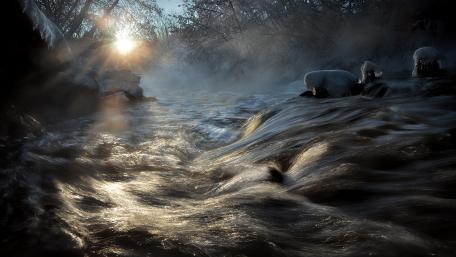 Winter's Gentle Flowing Stream at Dawn wallpaper