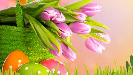 Vibrant Easter Celebration with Tulips and Eggs wallpaper