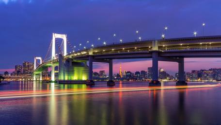 Stunning Cityscape with Illuminated Bridge at Dusk wallpaper