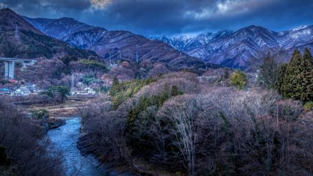 Majestic Mountains Embracing the River Scene wallpaper
