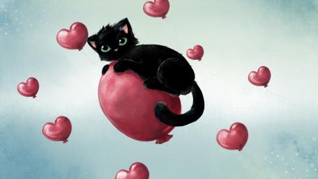 Cute Cat Floating on Heart Balloons wallpaper