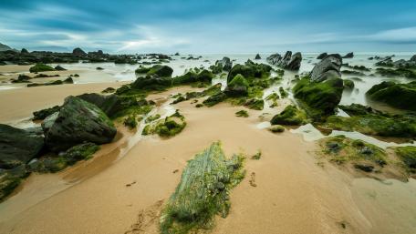 Serene Coastal Landscape with Rocky Shoreline and Gentle Waves wallpaper