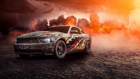 Bold Custom Car in Fiery Landscape Scene wallpaper