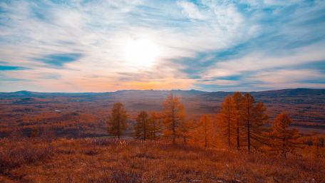 Golden Autumn Sunset Over Serene Landscape wallpaper