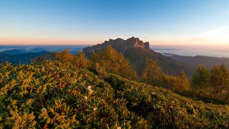 Majestic Mountain Sunrise Over Lush Greenery wallpaper