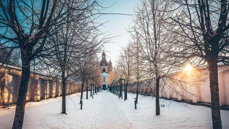 Snowy City Pathway in Winter Light wallpaper