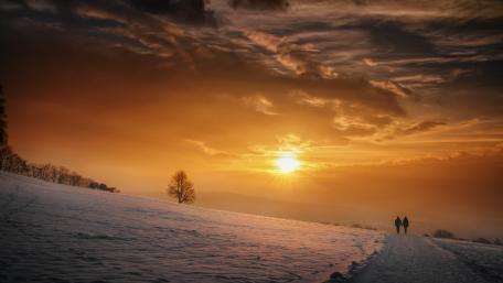 Romantic Winter Sunset Walk Together wallpaper