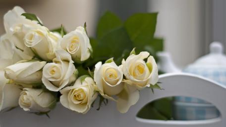 Elegant White Roses Arrangement in Soft Light wallpaper