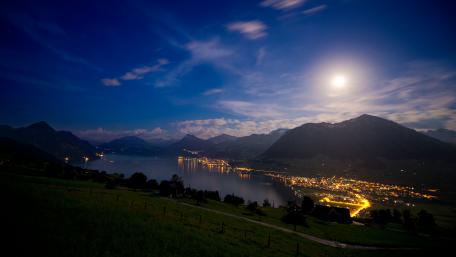 Tranquil Moonlit Lake View Under Starry Sky wallpaper