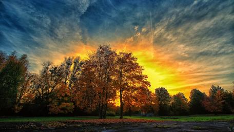 Vibrant Autumn Sunset Over Serene Landscape wallpaper