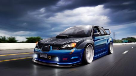 Sleek Blue Sports Car Racing on the Highway wallpaper