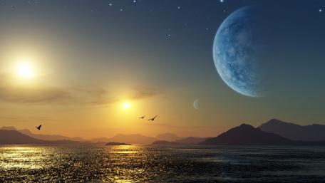 Celestial Harmony in a Futuristic Landscape wallpaper