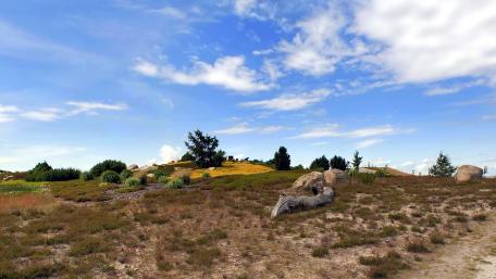 Serene Landscape Under Blue Skies with Rolling Hills and Boulders wallpaper