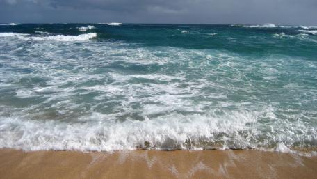 Serene Ocean Waves Against Golden Sand wallpaper