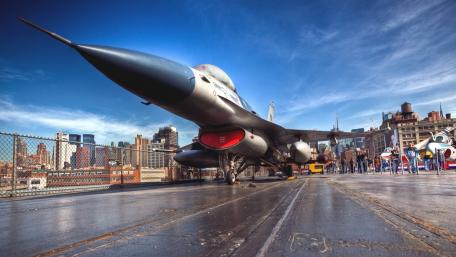 F-16 Fighter Jet on Display in the City wallpaper